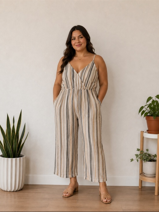 Pants - Boho Striped V-neck Sleeveless Jumpsuit, Elasticized Waistband, Wide Leg